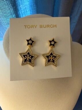 Tory Burch Gold and Black Star Drop Earrings